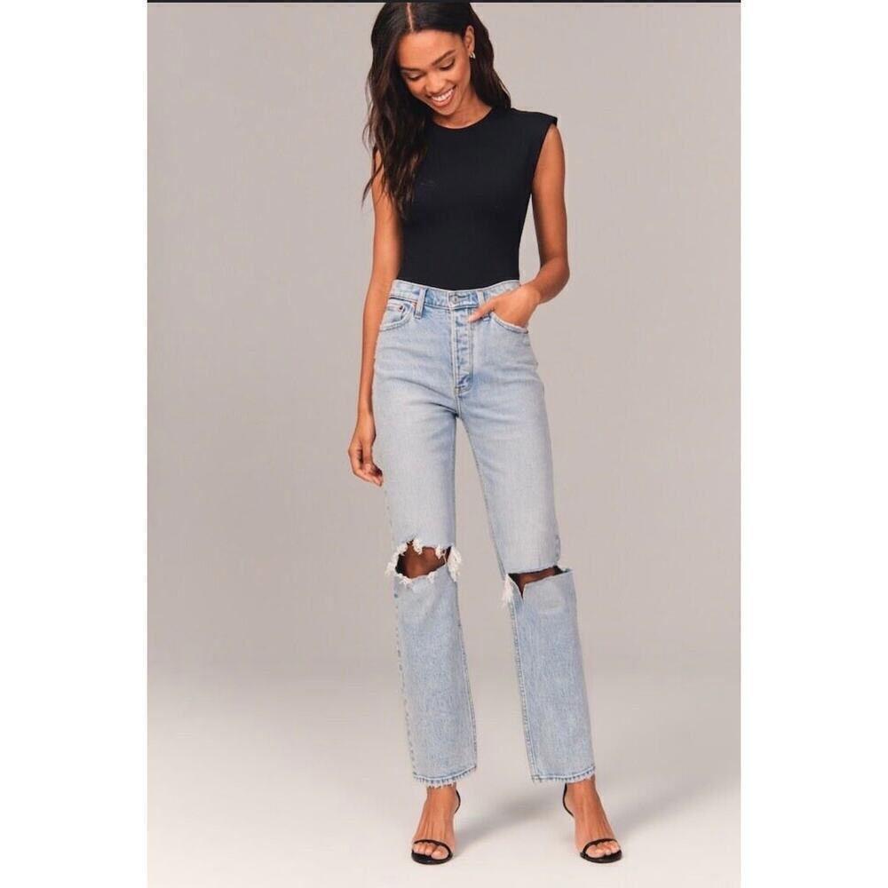 Abercrombie & Fitch The Dad High Rise Jeans Blue Blown Out Knee Light Size 4R